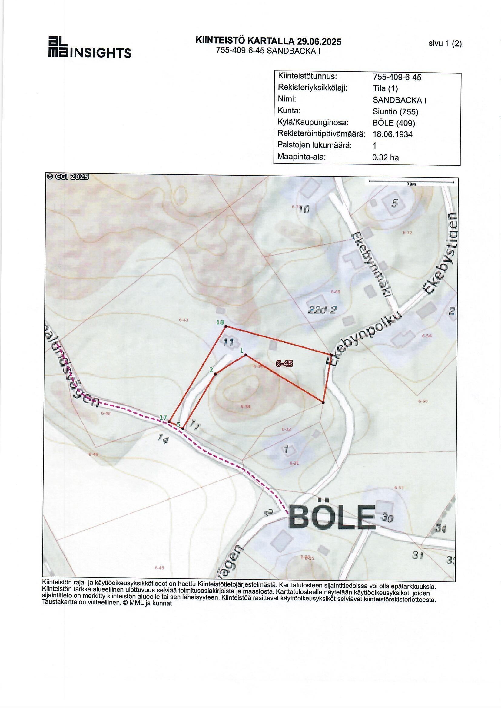 755-409-6-45 Sandbacka I Pinta-ala 0,3200 ha Kiinteistö kartalla