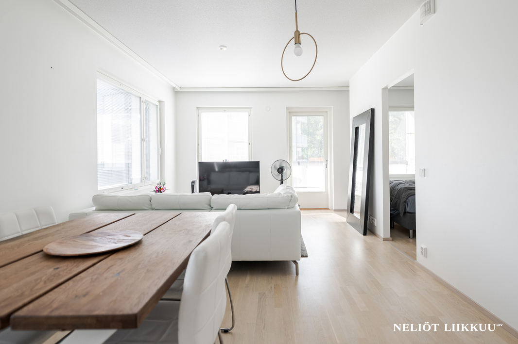 Olohuoneesta käynti aurinkoiselle parvekkeelle