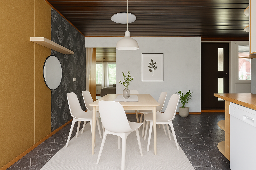 Virtuaalisesti stailattu kuva ruokailutilasta