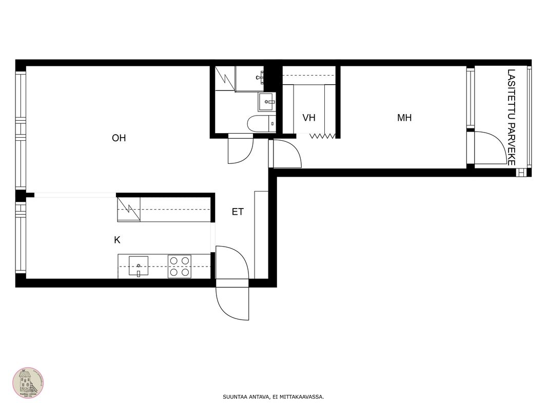 Läpitalon huoneisto, lasitettu parveke Huvilakadun suuntaan