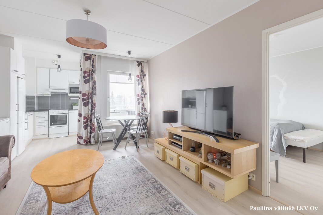 Näkymä eteisestä olohuoneen ja parvekkeen suuntaan.