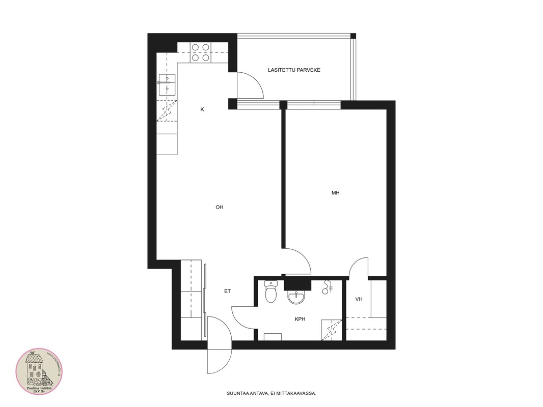 Huoneiston ikkunat on ilta-auringon suuntaan, 4. kerros.