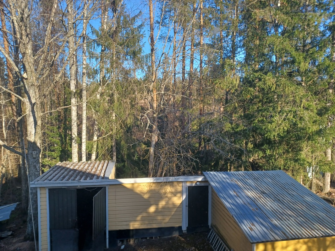 Yläkerran makuuhuoneen ikkunanäkymä metsään
