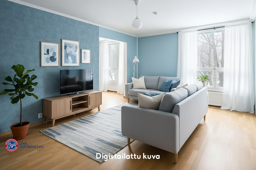 Olohuoneesta avautuu makuuhuone 2