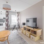 Näkymä eteisestä olohuoneen ja parvekkeen suuntaan.