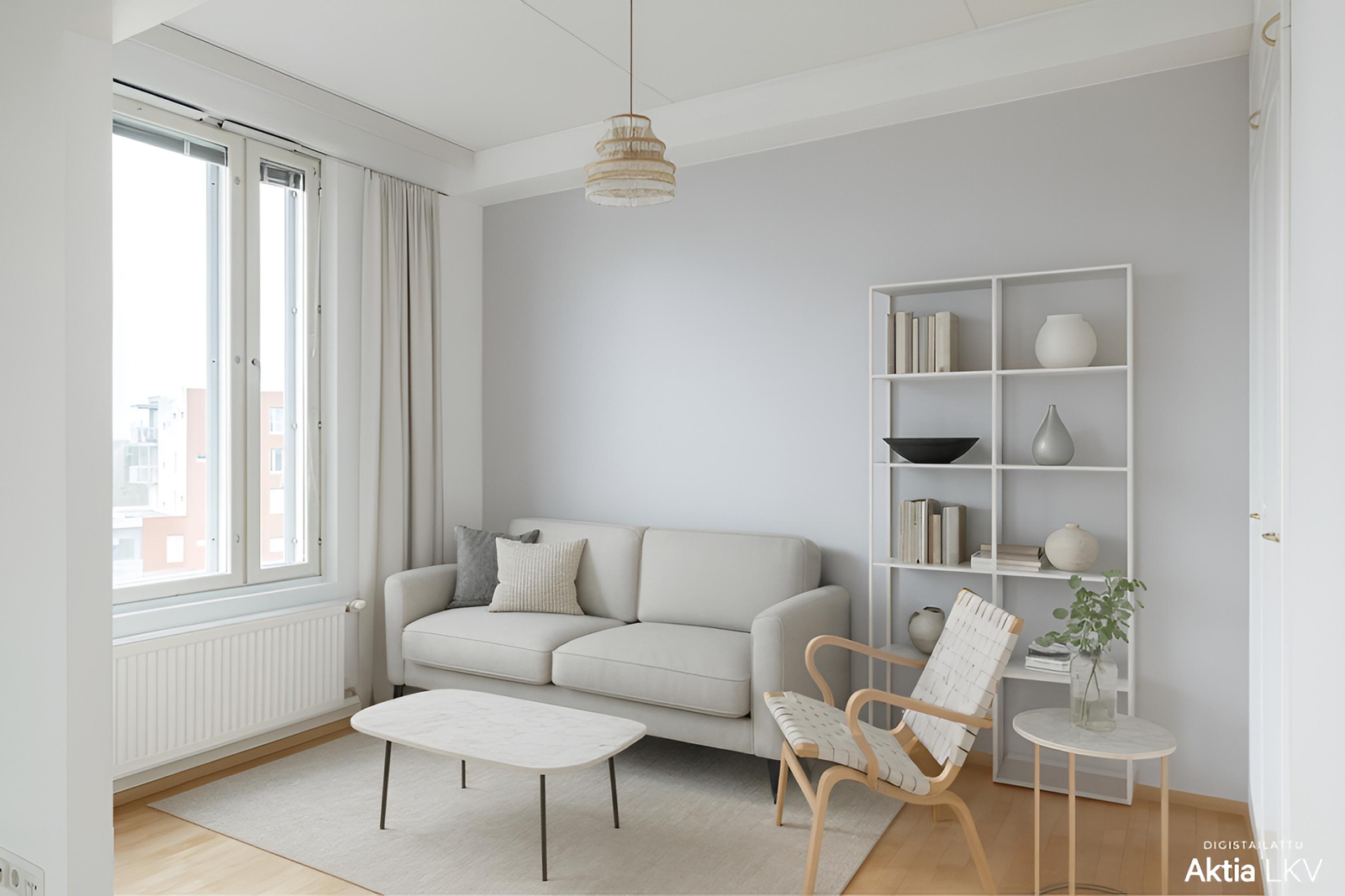 Makuuhuone tai tv-huone olohuoneen perällä