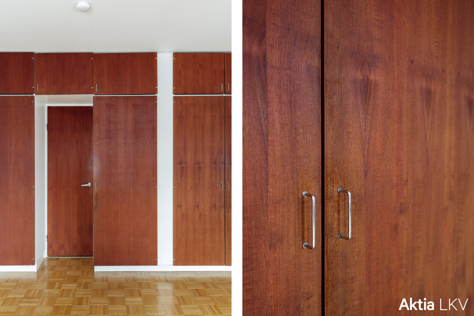 Päämakuuhuoneen vaatekaapit ja käynti kylpyhuoneeseen