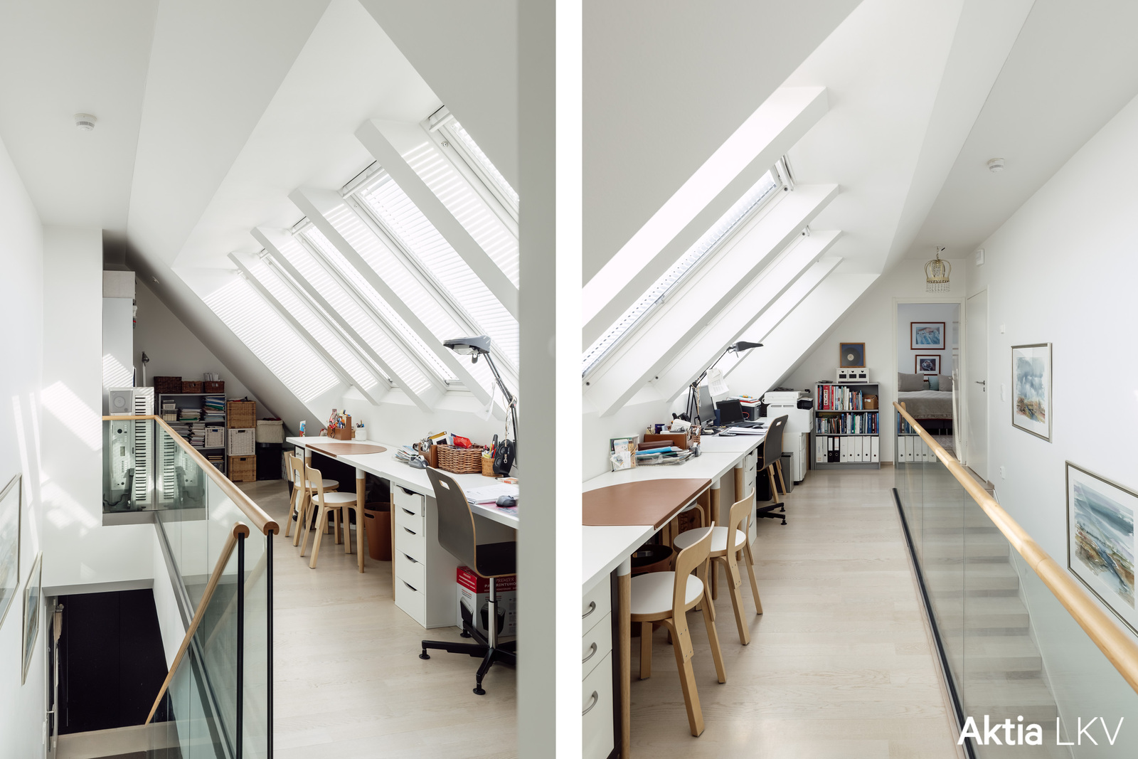 Yläkerran työtila, jonka perällä makuualkoviksi soveltuva tila