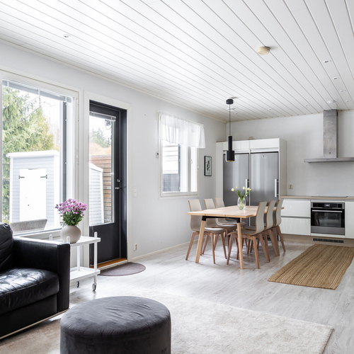 Keittiö, ruokailutila ja olohuone ovat yhtenäistä tila