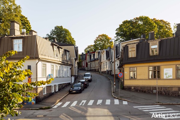 Puuvallila maisemassa ja heti vieressä