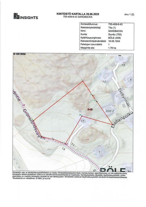 755-409-6-43 Sandbacka Pinta-ala 1,78 ha Kiinteistö kartalla