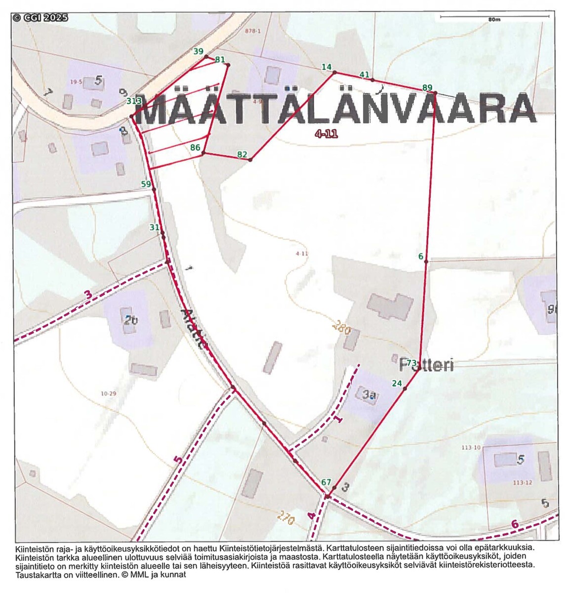 Määräala merkitty viivoituksella